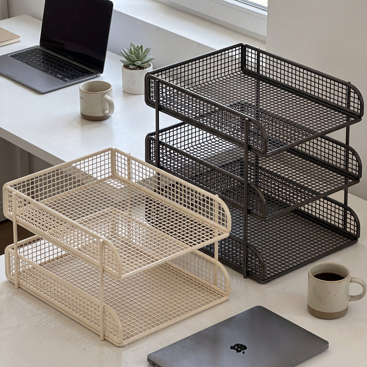 Kompakte Metall-Mesh-Schreibtisch-Briefablage mit zwei Ebenen und Aktenorganizer