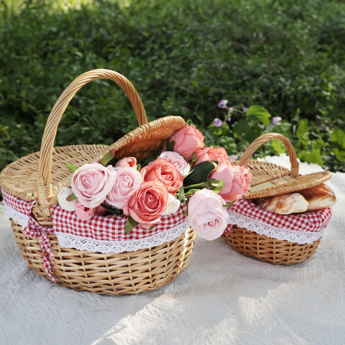 Damen Korb mit romantischem Karomuster und dekorativem Lace-Einsatz Karnz