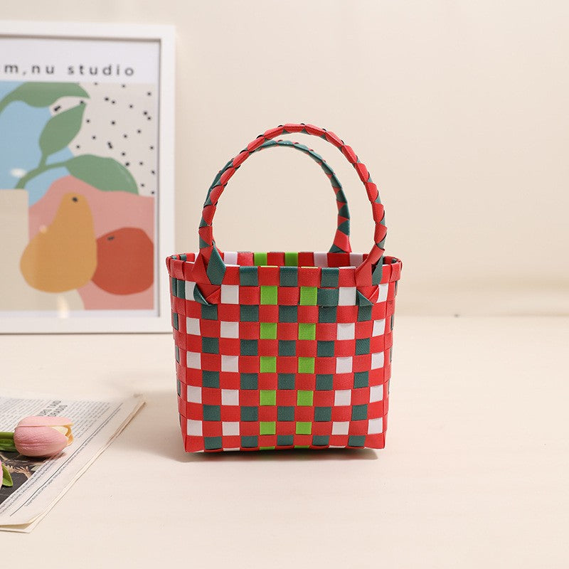 Damen Handtasche aus geflochtenem Kunststoff mit fröhlichem Muster Karnz