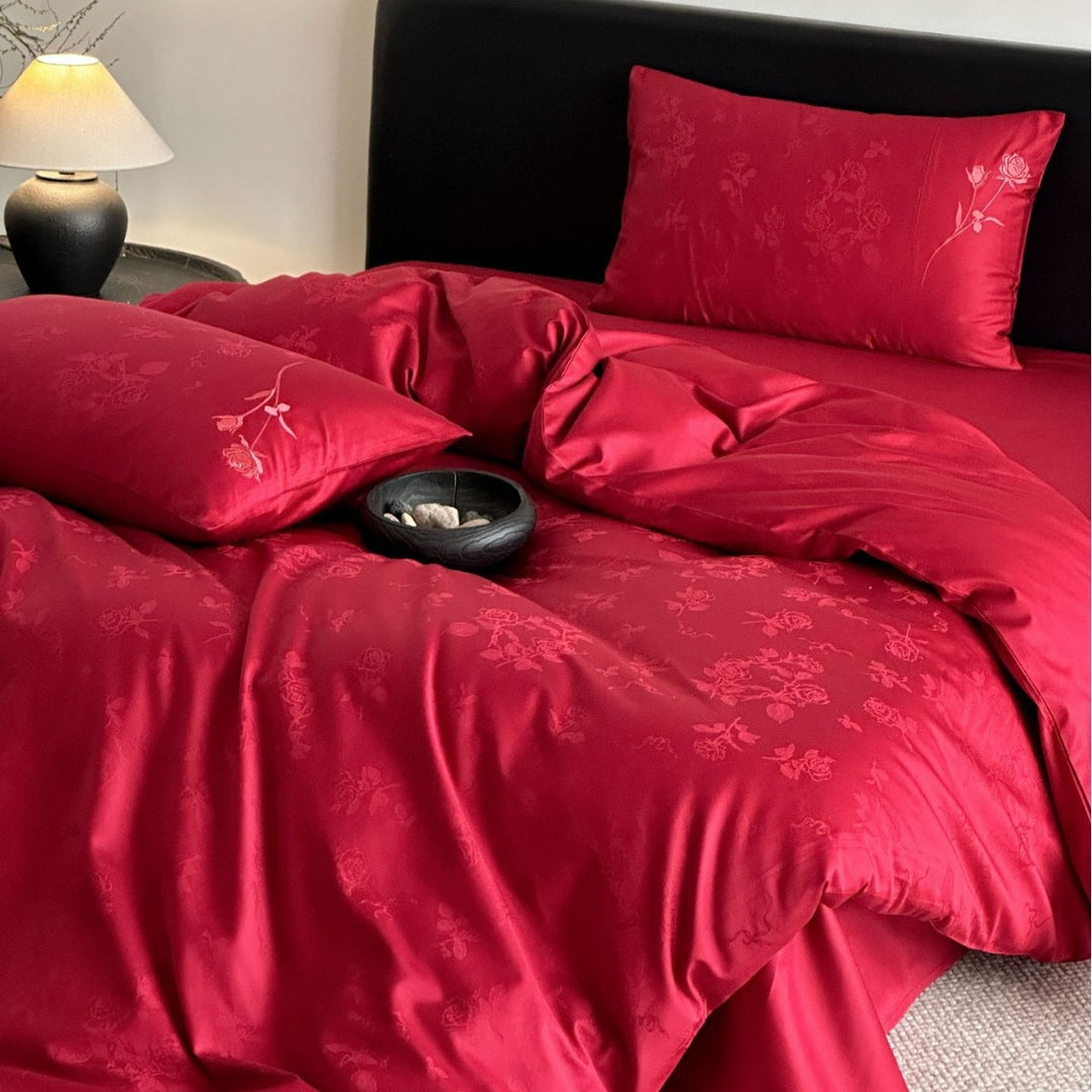 Luxuriöses Baumwollsatin-Bettwäsche-Set mit floraler Jacquardstruktur und feiner Zierstickerei