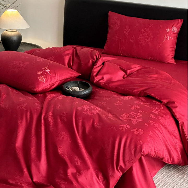 Luxuriöses Baumwollsatin-Bettwäsche-Set mit floraler Jacquardstruktur und feiner Zierstickerei