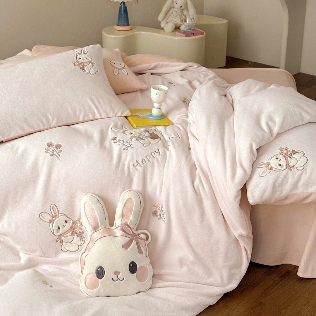 Plüsch Besticktes Kaninchen Bettwäsche Set mit Dekorativem Kaninchenkissen