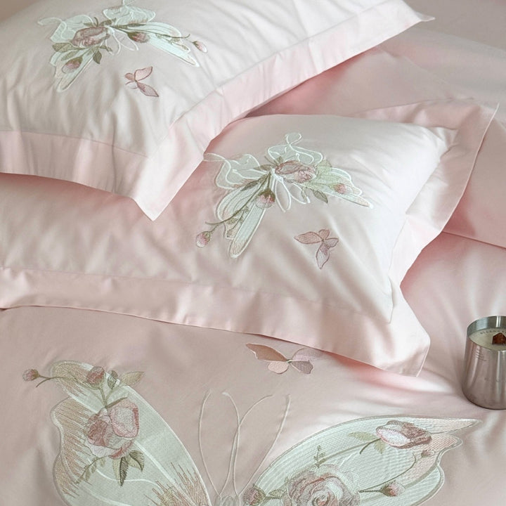 Bestickte Schmetterlings-Baumwoll-Satin Bettwäsche Set mit zarten floralen Stichen