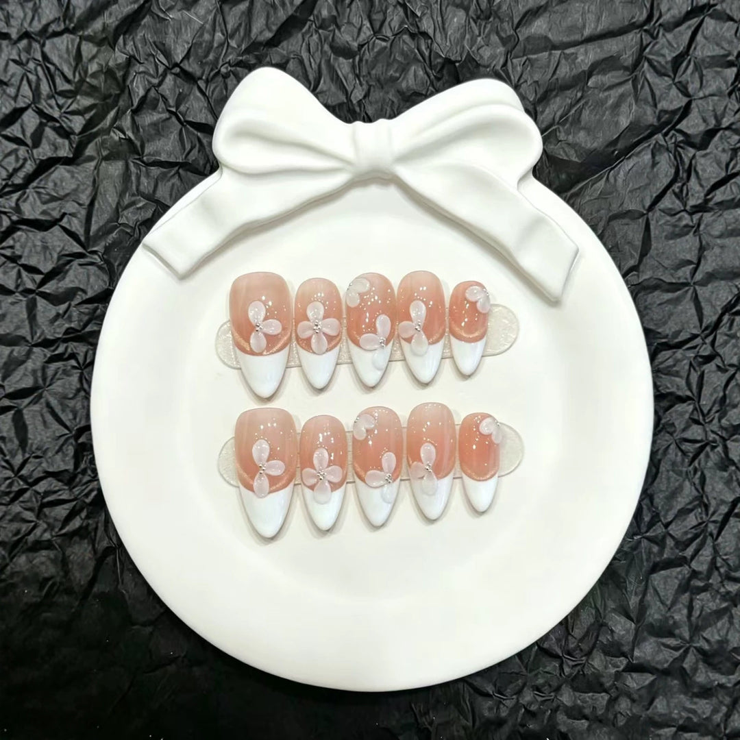 Französische Tip Blumen Press-On Nagel Set