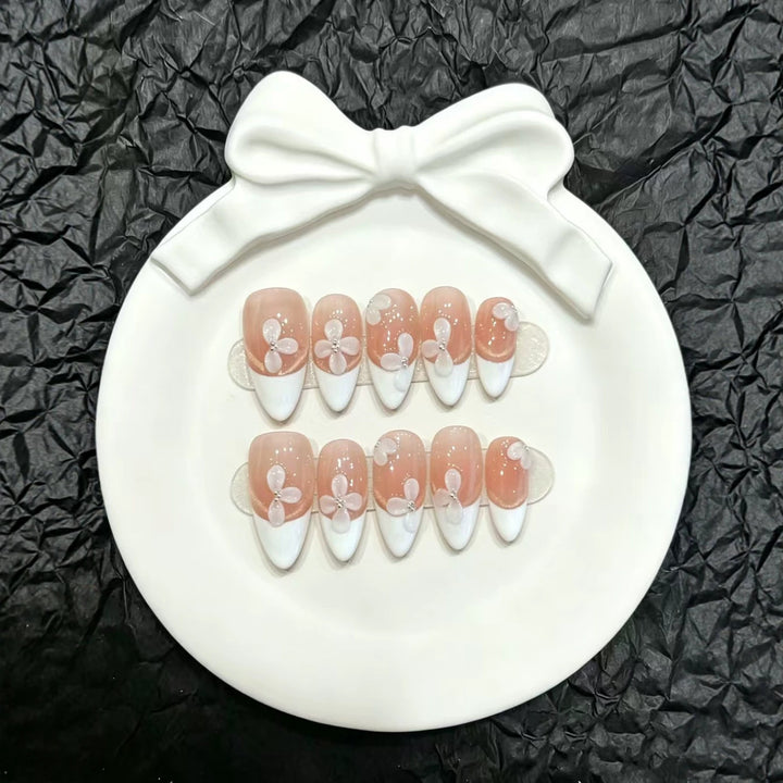 Französische Tip Blumen Press-On Nagel Set
