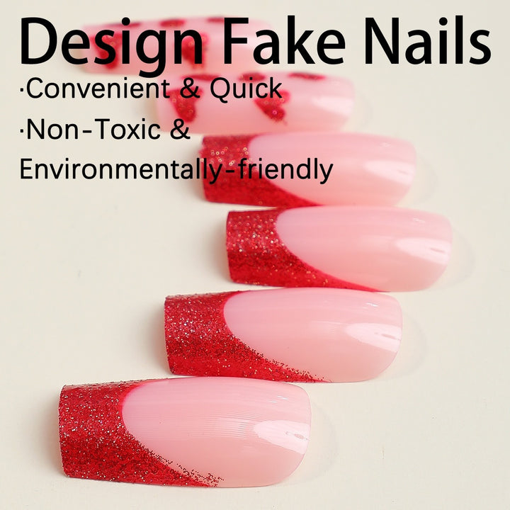 Kunstnagelset mit romantischen Herz-Designs und Glitzerakzenten Karnz