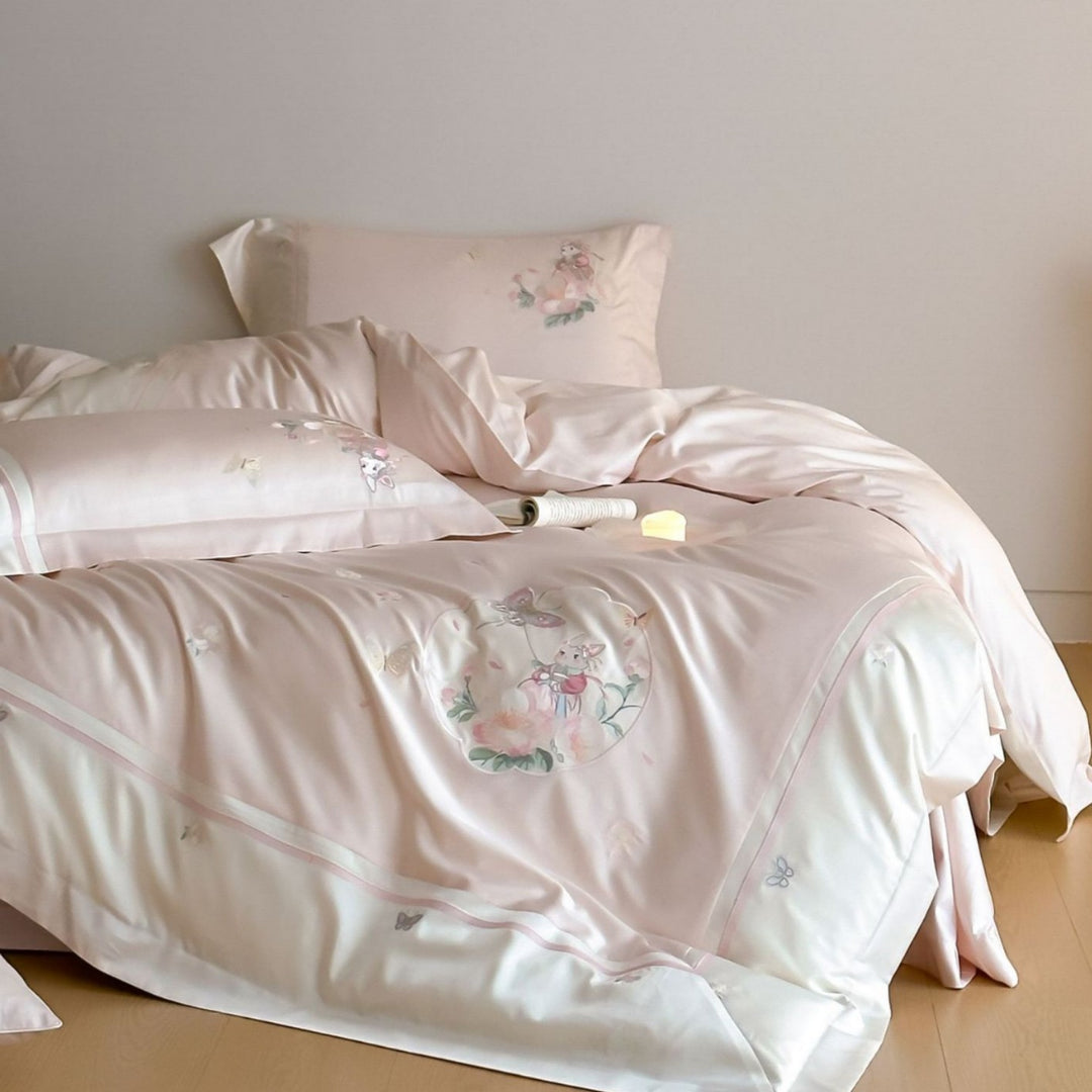 Bestickte Blumen Satin Bettbezug Set