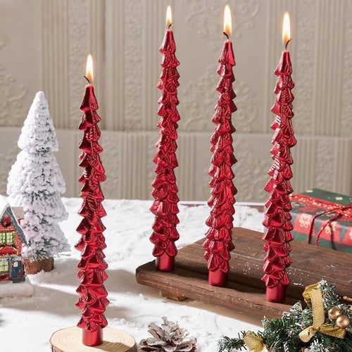 Hand-texturierte Weihnachtsbaum-Stabkerzen-Set für Feiertagsmittelstücke