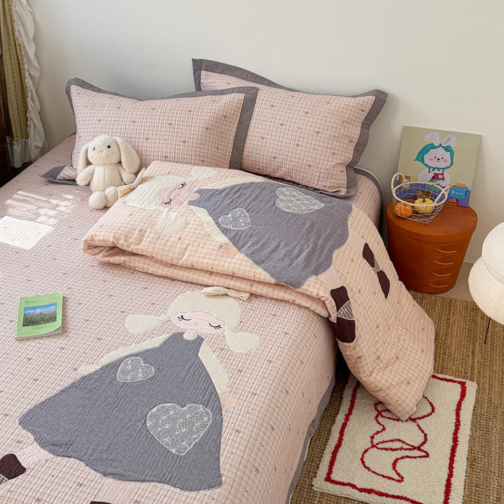 Gestepptes Bunny Applikation Komforter und Kissenbezug Set