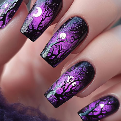 Kunstnägel mit Mystischem Mond- und Baum-Design Karnz