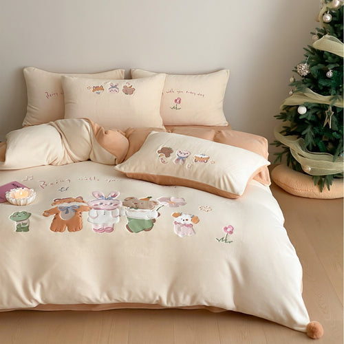 Kinder bestickte Applikations Baumwollsatin Bettbezug Set mit Cartoon Tiermotiven