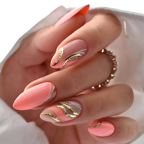 Premium Gel Press-On Nagelset mit eleganten Wirbeln und schimmernden Akzenten Karnz