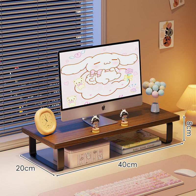 Kompakte Holz-Desktop-Monitorerhöhung mit Metallbeinen und unterer Ablagefläche