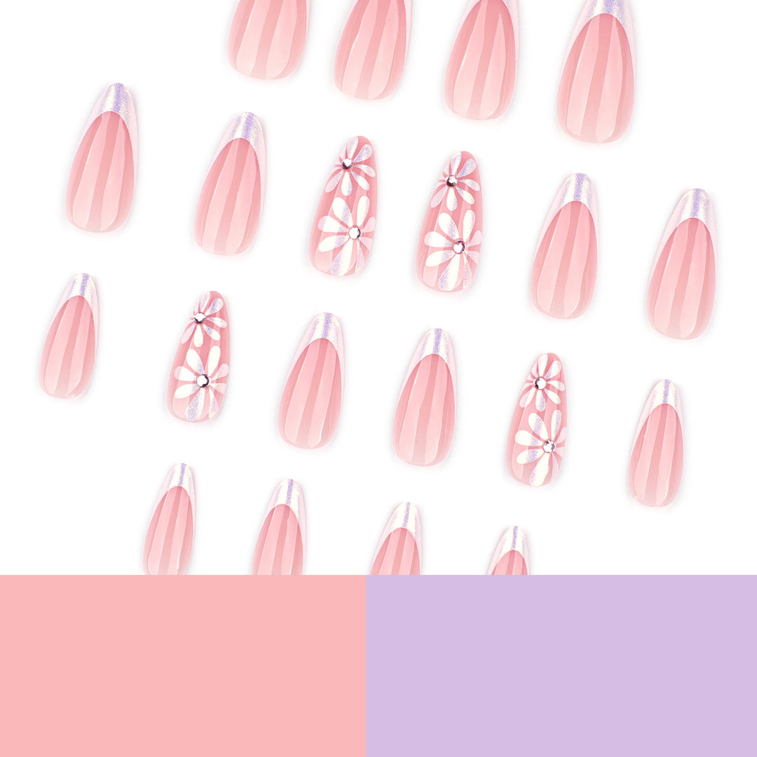 Elegante Kunstnägel mit floralem Design und Glitzerverzierungen Karnz