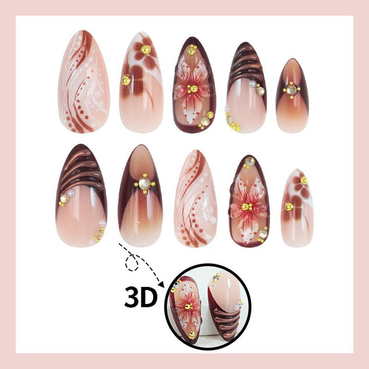 Kunstnagelset mit eleganten 3D-Blütenakzenten und glamourösen Designs Karnz