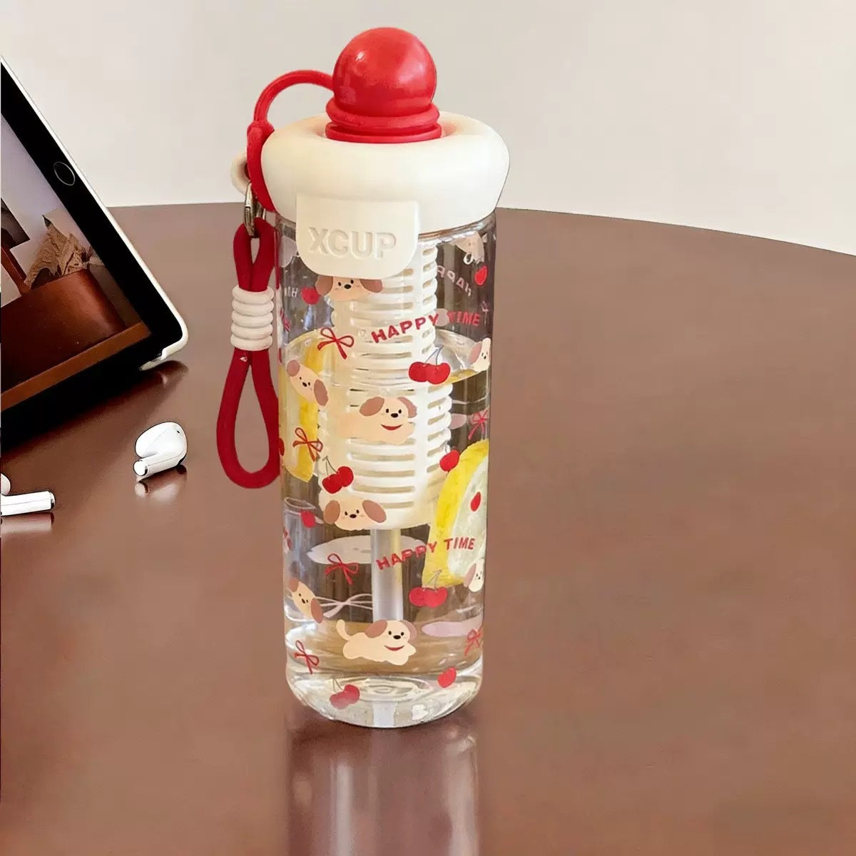 Damen Wasserflasche mit fröhlichen Motiv- und Frucht-Infusionseinsatz Karnz