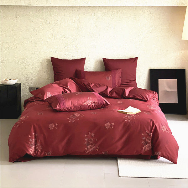 Premium-Satin-Bettwäsche-Garnitur mit dezentem Rosenjacquard und Hotelverschluss