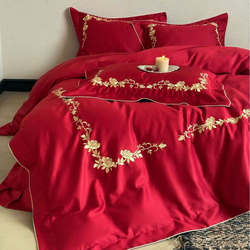 Luxuriöses Satin-Bettwäsche-Set mit floraler Goldstickerei und feiner Paspelierung