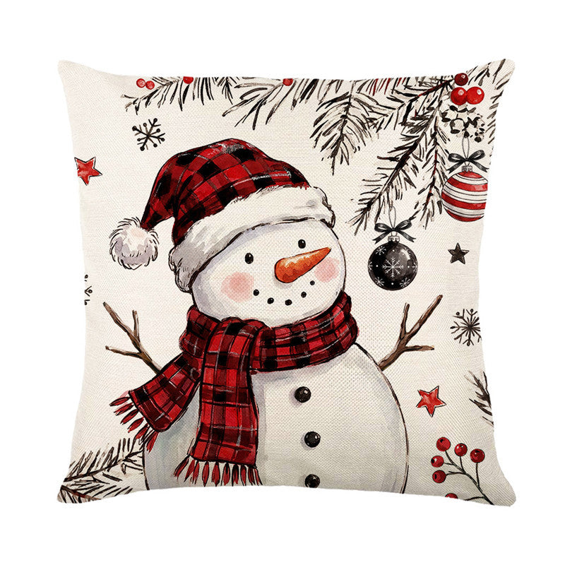 Festliche Schneemann Leinen Kissenbezug mit kariertem Schal-Illustration
