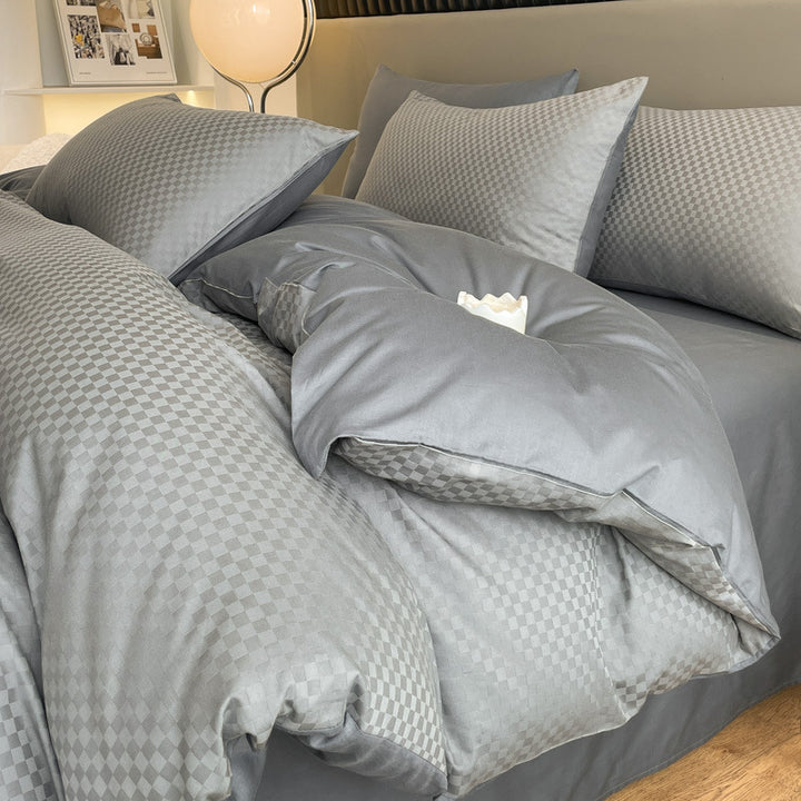Luxuriöses Jacquard Karo Satin Bettwäsche Set mit Kissenbezügen und tiefem Spannbettlaken