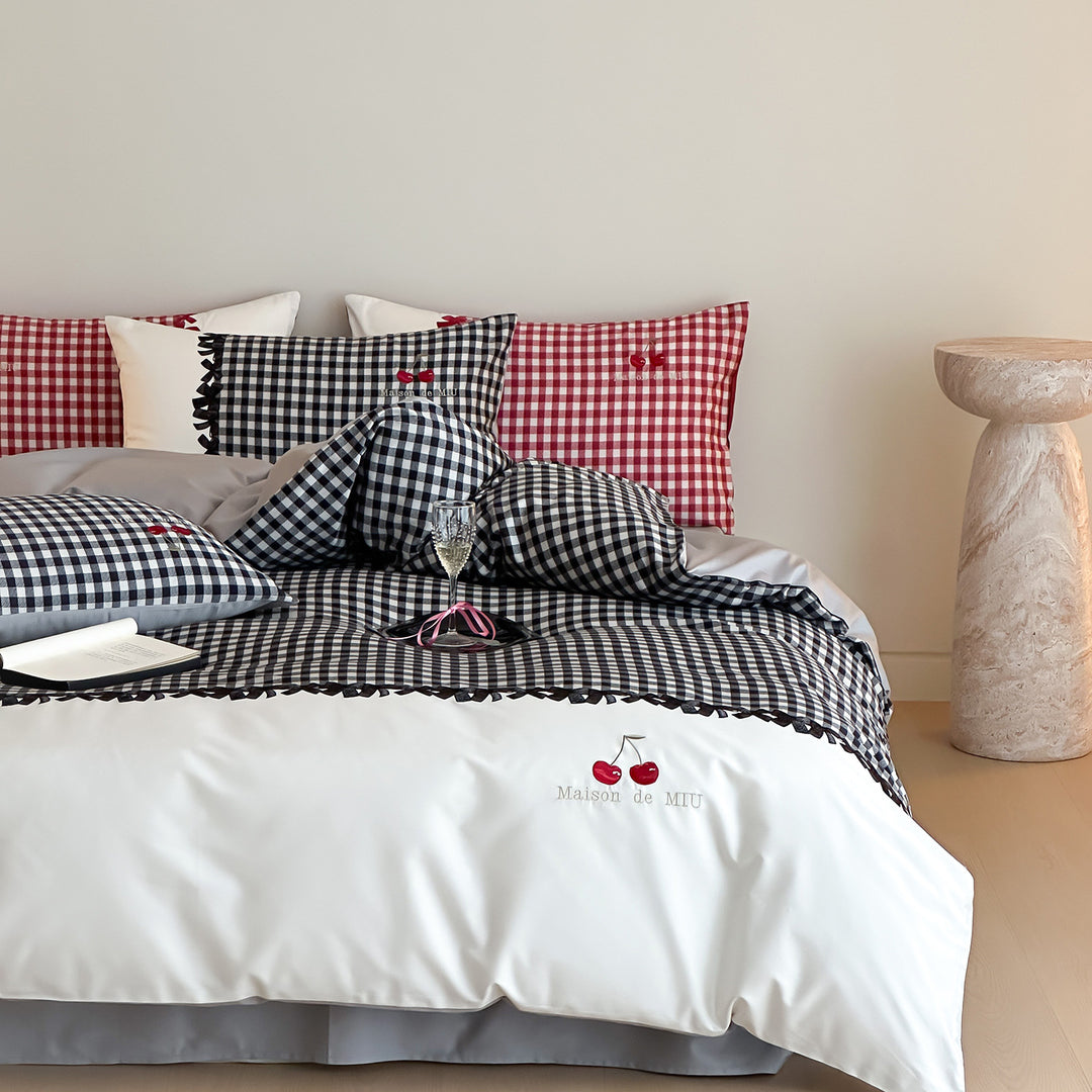 Gingham Besticktes Rüsch Bettbezug Set