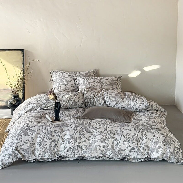 Luxuriöses Baumwollsatin-Bettwäsche-Set mit floralem Muster und Hotelverschluss