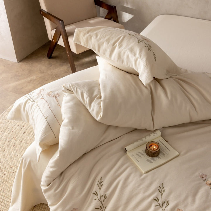 Bestickte florale Leinen-Bettbezugset mit Kissenbezügen