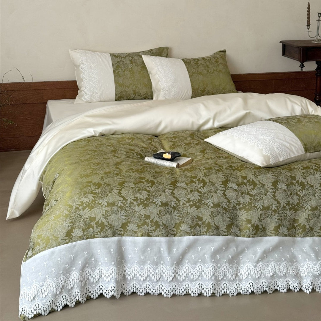 Wendbare botanische Jacquard Bettwäsche mit Spitzenbesatz Satinbettlaken und bestickten Euro-Kissenbezügen