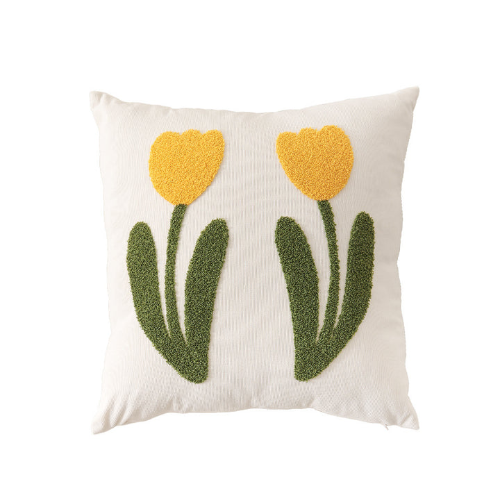 Handgetufteter quadratischer Dekokissenbezug mit floraler Chenille‑Applikation