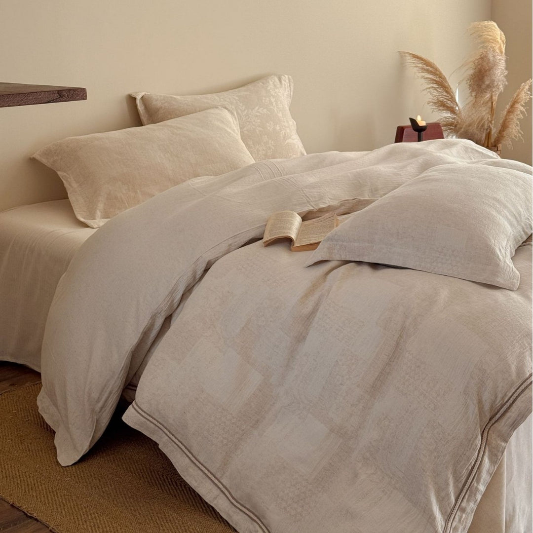 Washed French-Linen Feel Patchwork Duvet Cover Set with Subtle Jacquard Texture and Envelope Closure
