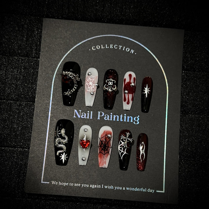 Gothic-inspirierte Press-On Nagelkunst Set mit 3D-Verzierungen