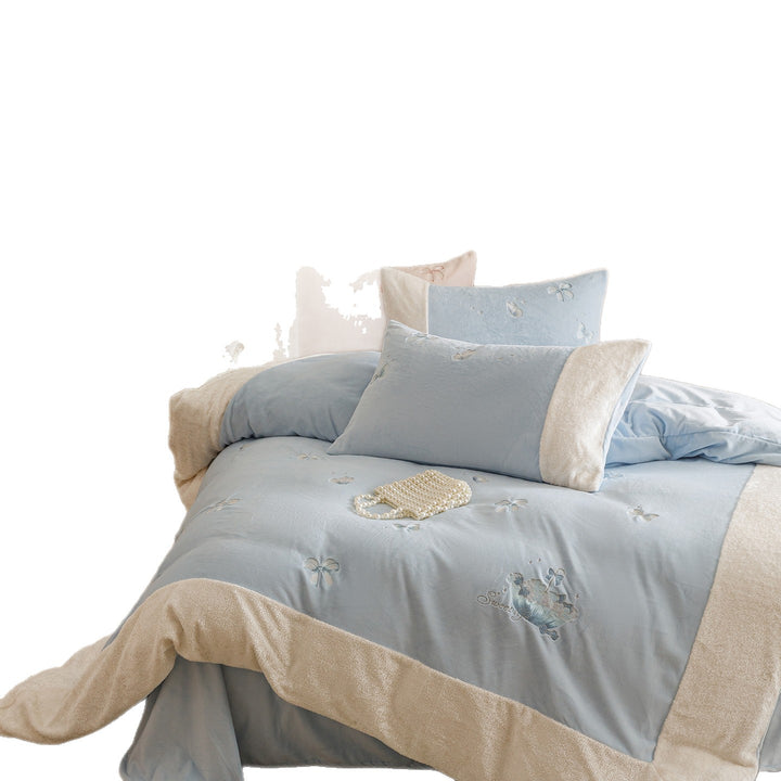Bestickter Schmetterling Plüsch Sherpa-Trim Baumwollsatin Bettbezug Set