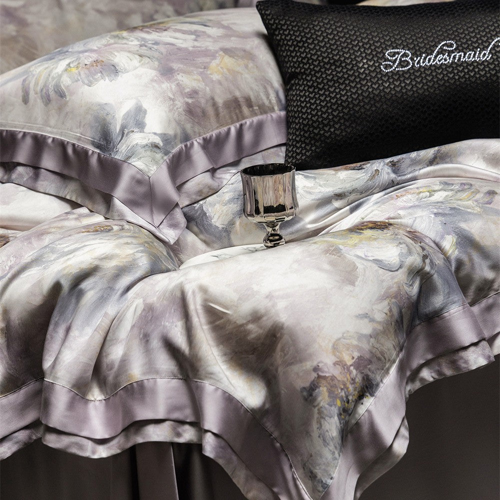 Luxuriöses Satin-Bettwäsche-Set mit floraler Aquarelloptik und Satinbordüre