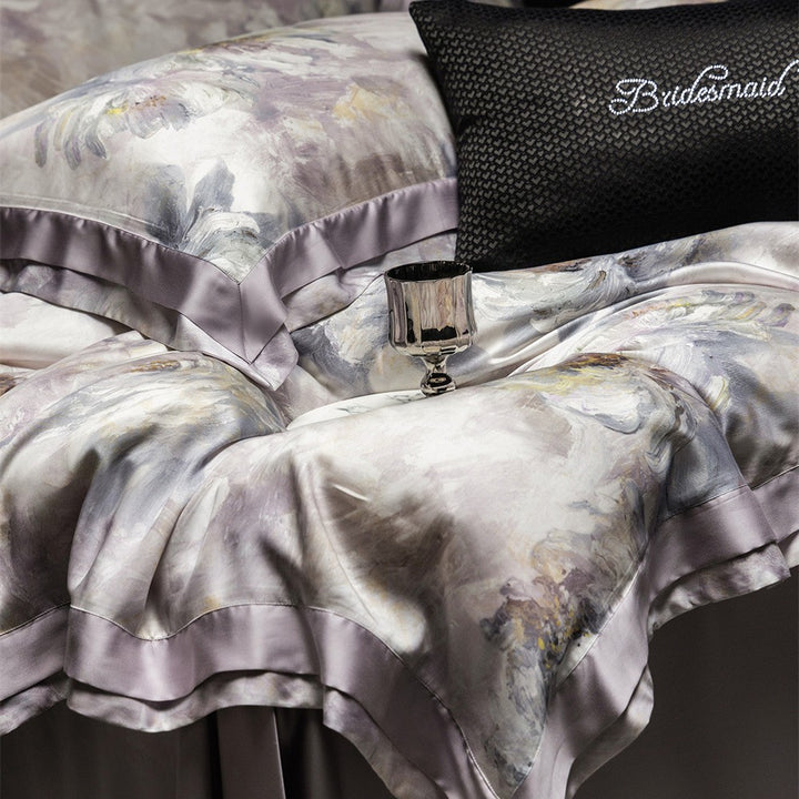 Luxuriöses Satin-Bettwäsche-Set mit floraler Aquarelloptik und Satinbordüre