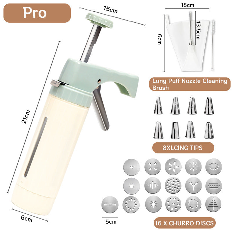Handheld Cookie Press and Churro Maker with Assorted Piping Discs and Stainless Nozzles