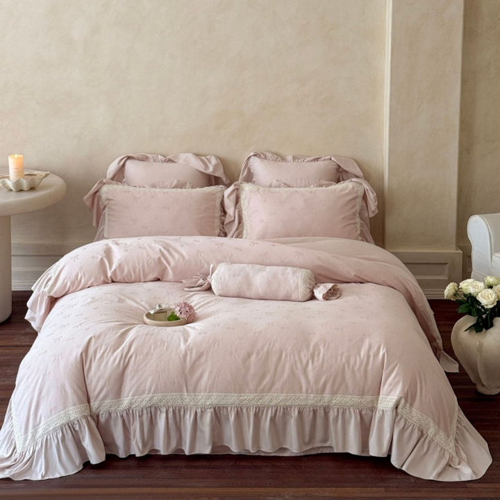 Leinen-Mischung Jacquard Floral Bettbezug Set mit Rüschensaum und dekorativem Bolster
