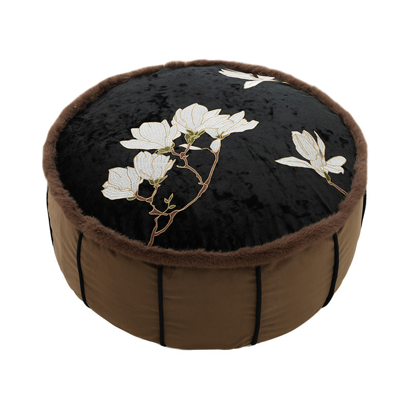 Runder gestickter Samt-Bodensitzpouf mit Kunstfell‑Borte und Griff Karnz
