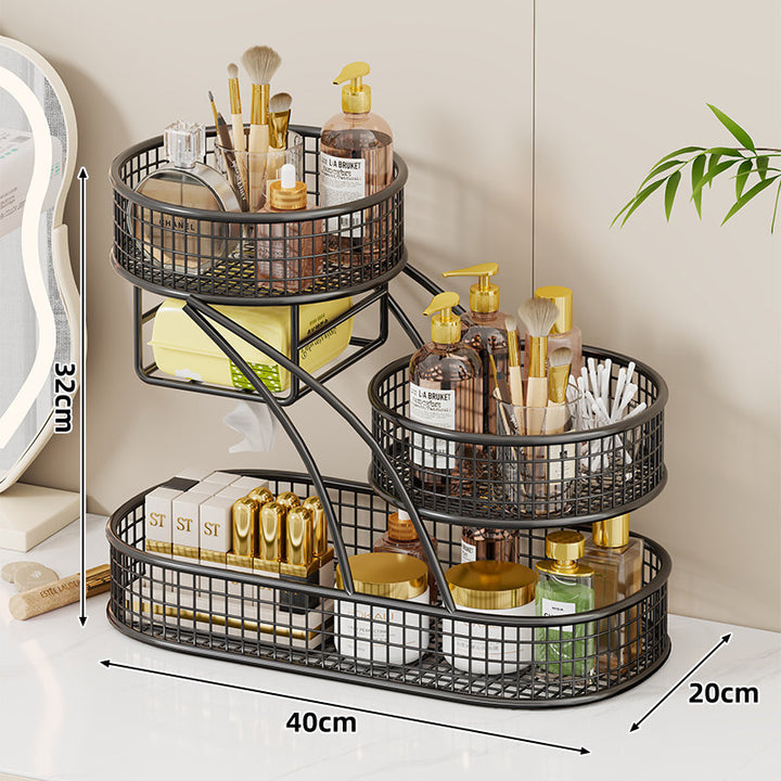 Dreischichtiger Mesh-Vanity- und Arbeitsplatten-Organizer mit integriertem Taschentuchslot und Metallgitterkörben