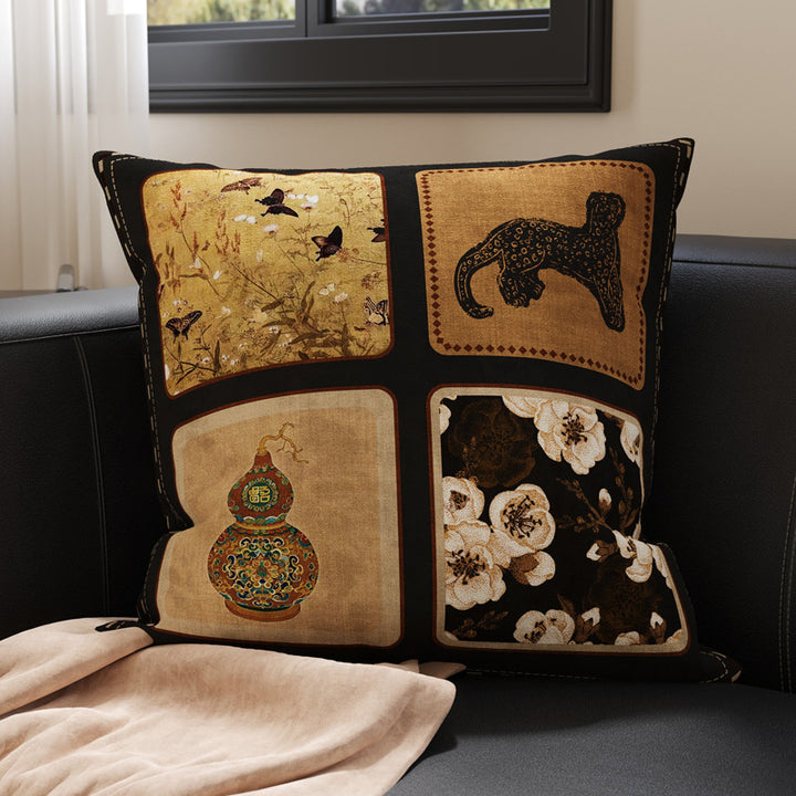 Decorative Patchwork Velvet Throw Pillow Cover with Asian-Inspired Scenic Panels and Metallic Gold Accents