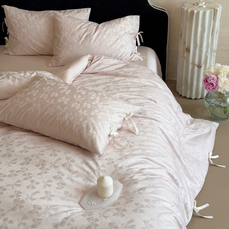 Jacquard Florales Knotenverschluss Bettbezug Set mit Satineinbettlaken und Bändchen