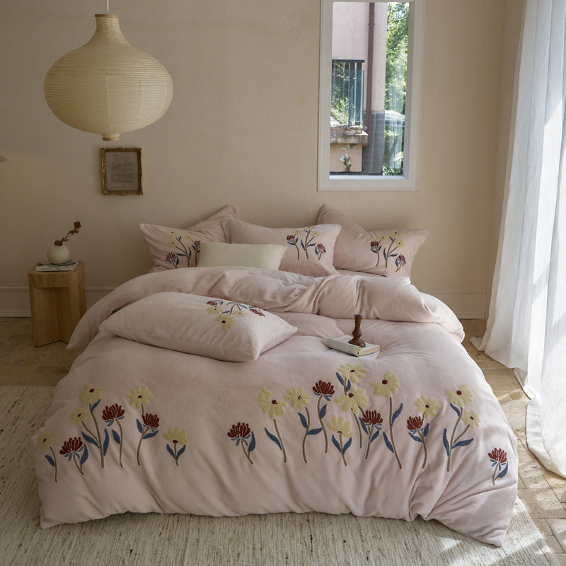 Botanisches Besticktes Plüsch Baumwoll Bettbezug Set mit Wendbarem Steppbett