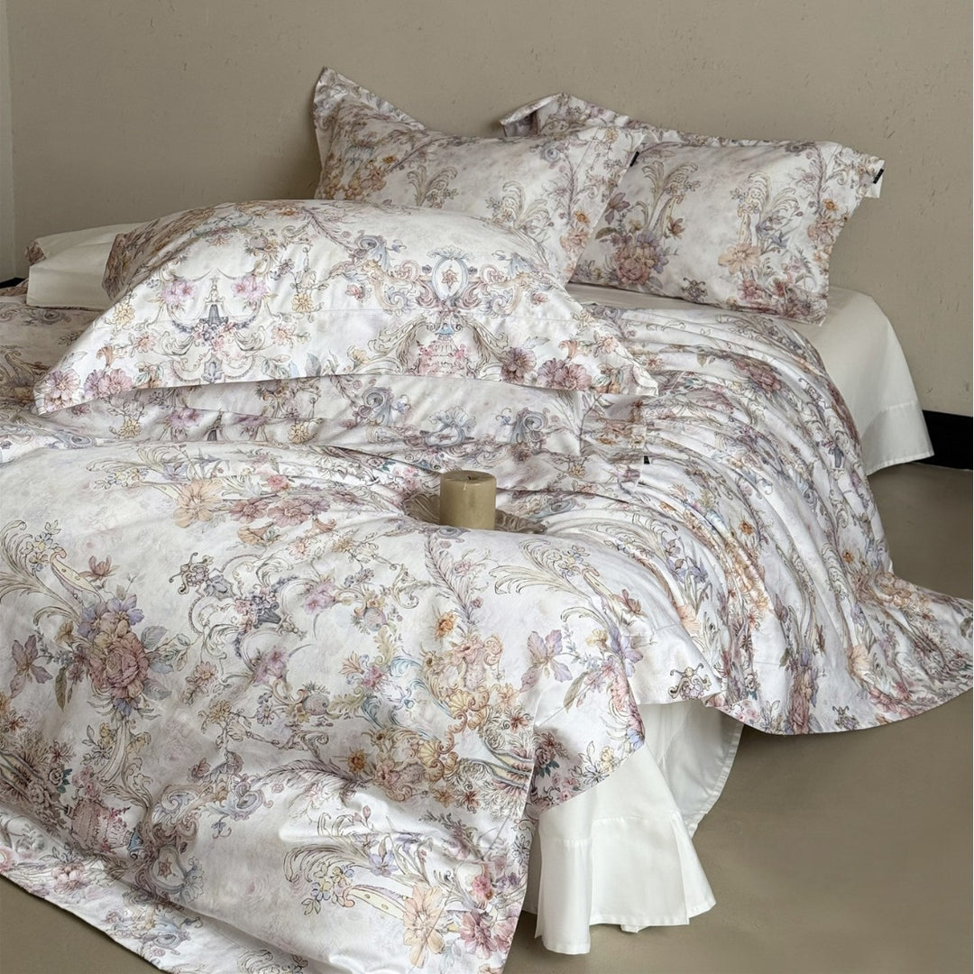 Umkehrbare Baumwollsatin Bettbezugset mit Vintage Aquarell Scroll Blumenmuster