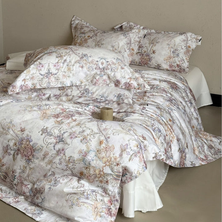 Umkehrbare Baumwollsatin Bettbezugset mit Vintage Aquarell Scroll Blumenmuster