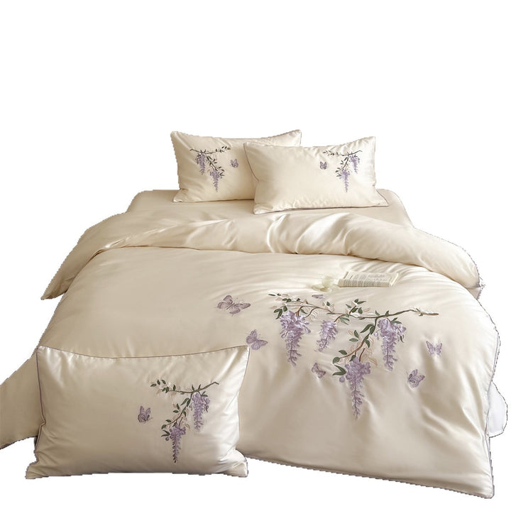 Gestickte Botanische Satin Bettbezug Set mit Zartem Glyzinienmotiv