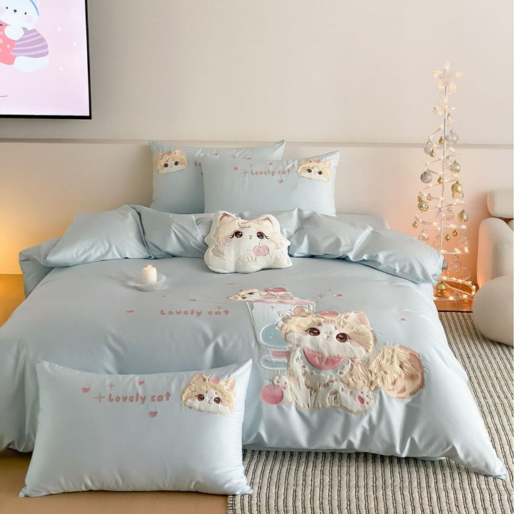 Bestickte Plüsch-Applikation Baumwollsatin Bettbezug Set mit dekorativem Katzekissen