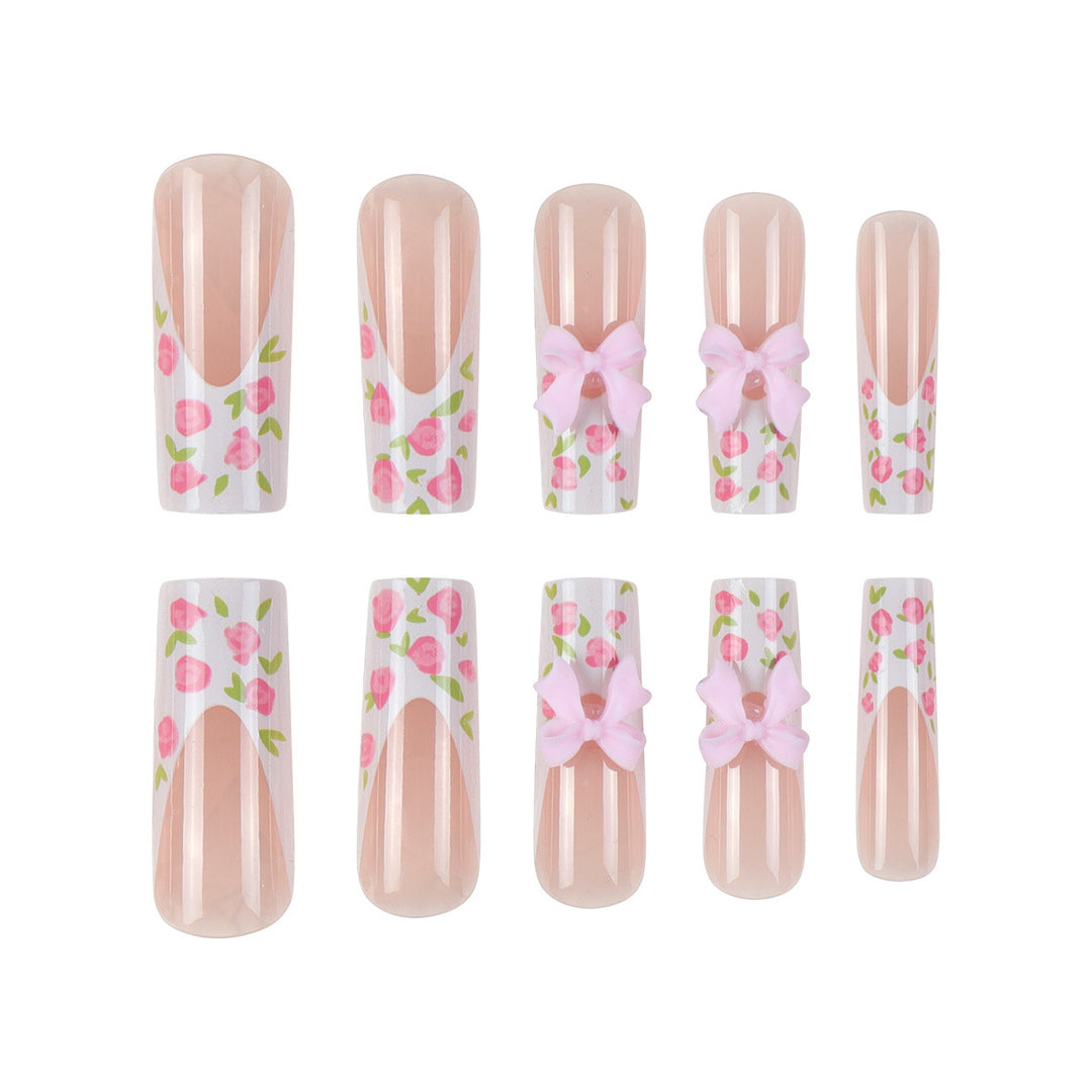 Floral Bow-Design Lange Press-On Nägel Karnz
