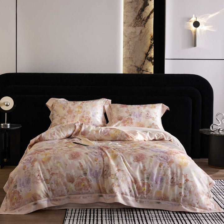 Luxuriöses florales Satin-Bettdeckenbezugset mit Kissenbezügen