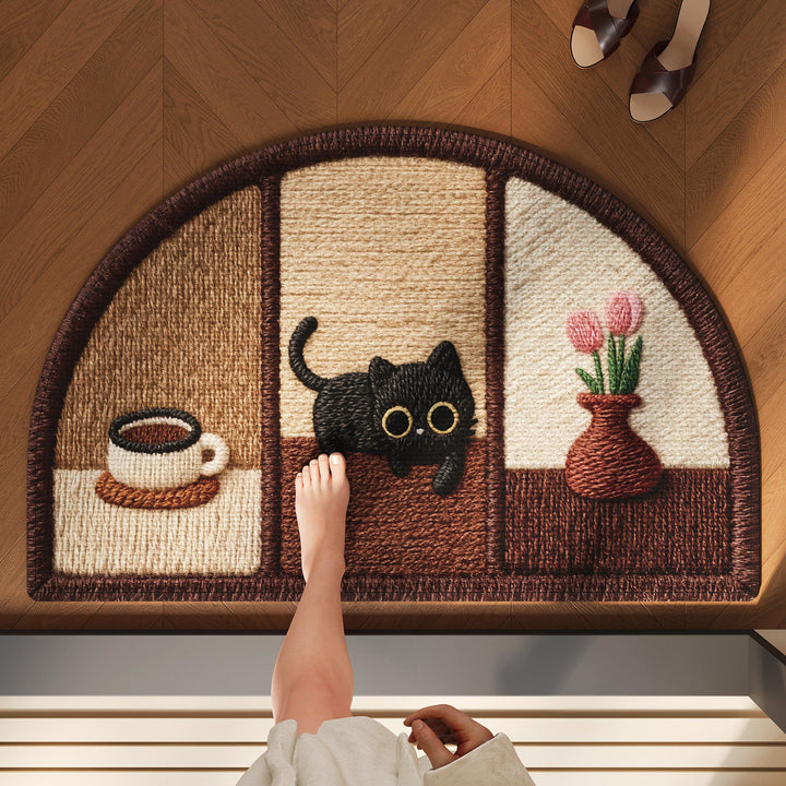 Half-Moon Embroidered Absorbent Non-Slip Entrance Doormat with Playful Cat & Coffee Motif