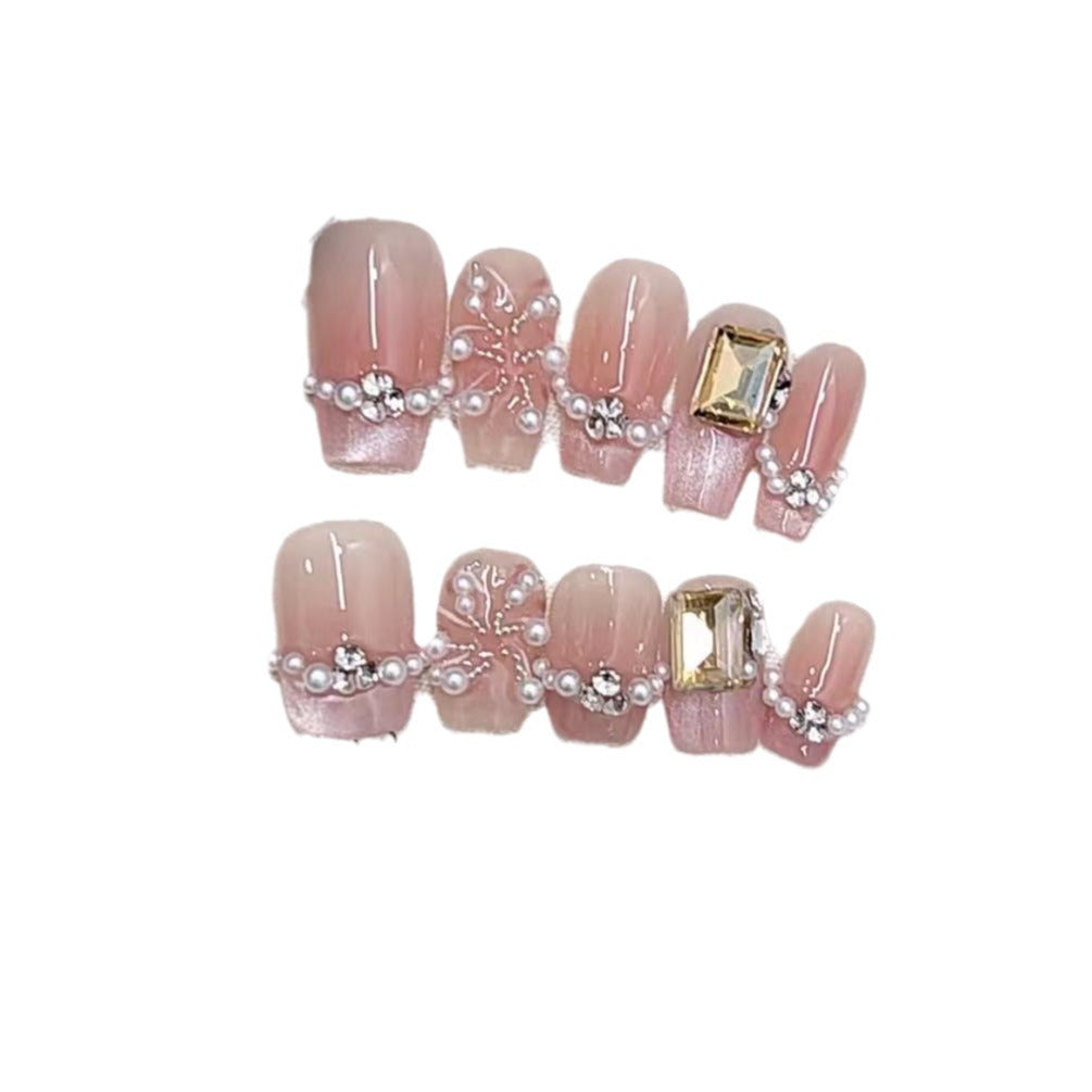 Elegantes Press-On Nagelkunst-Set mit Perlen- und Strassakzenten Karnz