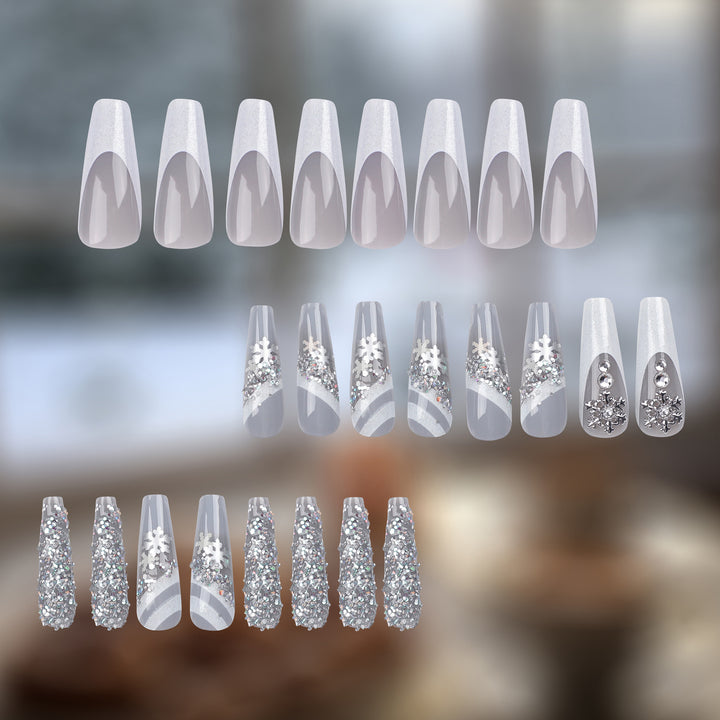 Elegante Kunstnägel mit Glitzer- und Schnee-Design Karnz